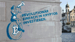 Bild einer Häuserwand mit einem Graffiti, das beschreibt, dass Investitionen in Kryptowährungen mit der Luzerner Kantonalbank einfach sind.