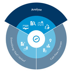 Grafikausschnitt zeigt die Icons der verschiedenen Dienstleistungen in der Immobilienanalyse auf.